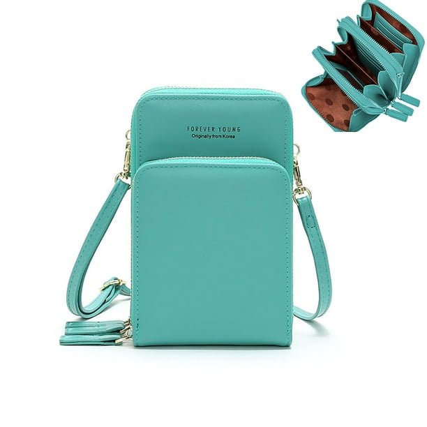 Small Crossbody Bag Leather Card Slots Wallet Shoulder Purses Fashion Travel Wallet Soft Pastel Green Tribal Geometric Pattern Phone Purse 